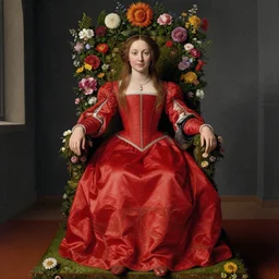 a woman in a red dress, sitting on a throne of flowers, by Jan van Eyck