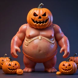 hyperrealistic subsurface scattering rendering, fat smooth wet cronenberg flesh monster jackolantern with smooth skull and ribcages pumpkins by art of skinner and richard corben and jeff easley, product photography, action figure, sofubi, studio lighting, colored gels