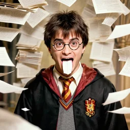 harry potter, with big mouth, paper tongue, endless paper