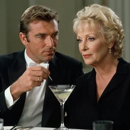 hyper realistic, high detail photo of roger moore as james bond drinking martini with judy dench, beautiful, dreary lighting