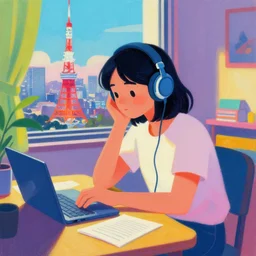 lo-fi colorful masterpiece by Ross Tran, WLOP, Dan Mumford, Christophe Vacher, painting, asian girl, with headphones, studyng in bedroom, window with Tokyo view, lo-fi illustration style, by WLOP, by loish, by apofis, alive colors