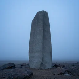 an enormous concrete monolith in a rocky landscape, fog, blue hour