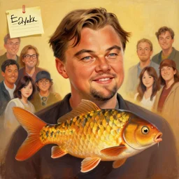 painting portrait of leonardo dicaprio as a carp, cartoon, warm lighting, leonardo dicaprio has an carp body, movie poster, illustration by bartek fedyczak, erak note, tooth wu, neil richards, kan liu, siwoo kim, jisu choe, trending on art station