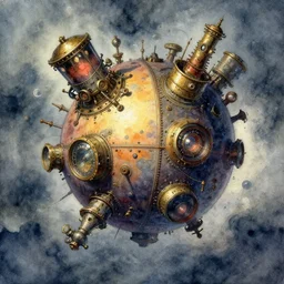 a lovecraftian expressive water colour of a steampunk planet by josep tapiro baro in the style of romanticism art, dynamic lighting