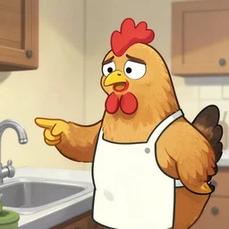 fan art of an anthropomorphized hen with a worried expression, wearing an apron, pointing to the kitchen sink