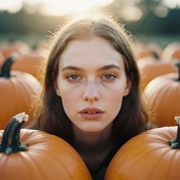 analog close up frontal face portrait photography of a beautiful woman surrounded by pumpkins by tim walker. vogue. kodak portra 8 0 0 film. ( depth of field ). whirl bokeh!!. golden hour. detailed. hq. realistic. warm light. muted colors. filmic. dreamy. lens flare. mamiya 7 ii, f / 1. 2, symmetrical balance, in - frame