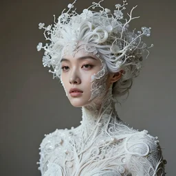 ! dream cinestill 5 0 d photo portrait of a beautiful hybrid woman in style of paolo roversi by roberto ferri, basalt body intricate detailed white vines and wires, intricate sparkling basalt ornamental hair, 5 0 mm lens, f 1. 4, sharp focus, ethereal, emotionally evoking, head in focus, volumetric lighting, mute colors bacground