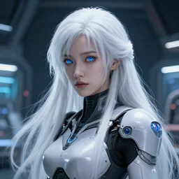 perfect android girl, warframe armor, beautiful face, scifi, futuristic, space station, laboratory, kwak ji young, dreamy, long white hair, blue cyborg eyes, cinematic lighting, highly detailed, very cute, focused, artstation, divine, by gauthier leblanc, kazuya takahashi, huifeng huang, jama jurabaev