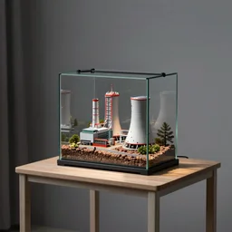 a terrarium with nuclear power station diorama inside on top of a minimalist table, lit from the side