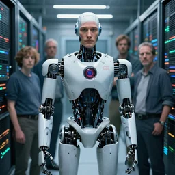 extremely detailed realistic movie still 2 0 7 7 portrait shot of a robot in a supercomputer data centre by denis villeneuve, wayne barlowe, simon birch, philippe druillet, beeple, noriyoshi ohrai