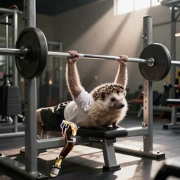 hedgehog is doing barbell bench press in the gym