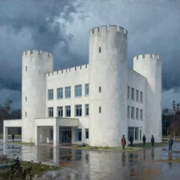 painting of a wide angle exterior shot of a white concerete brutalist architecture stronghold modern castle with rainy and moody cinematic lighting by darek zabrocki and greg ruthkowski, alphonse mucha, simon stalenhag and cinematic and blue cold atmospheric, archillect concept art, artstation, trending on artstation