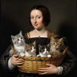 renaissance portrait of a basket of kittens