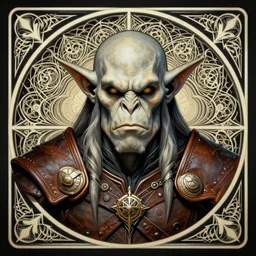 head-on symmetrical centered painted portrait, Warcraft male orc goblin rogue, leather armour, art nouveau, fractal tarot card style, masterpiece, fantasy, intricate, elegant, highly detailed, smooth, sharp focus, illustration, artstation, in the style of Artgerm and Anna Podedworna and Alex Ross and Mucha