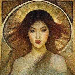 a portrait of a very beautiful Asian goddess with halo behind her head, in the style of WLOP and  Alphonse Mucha and Ross Tran, facing the camera, dramatic lighting