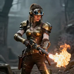 photo of steampunk warrior woman with flamethrower