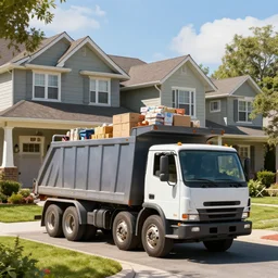 a dump truck delivering groceries to a beautiful sunny suburban home, hyper realistic, extremely detailed, raytracing, art by artgerm, greg rutkowski and alphonse mucha, artstation, octane render