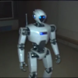 futuristic robot class picture, by mini dv camera, very very low quality, heavy grain, very blurry, accidental flash, webcam footage, found footage, security cam, caught on trail cam