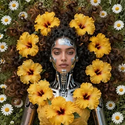 a beautiful intricate fine art portrait photo of an indian cyborg with bionic implants on the face, epic curly hair spread out around her lined with beautiful yellow hibiscus, lying on a bed of daisies, by natalie shau and james christensen, masterpiece!, top view, studio lighting, golden ratio composition, 5 0 mm lens, deep depth of field, artstation, 8 k