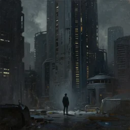 a photograph of a cyberpunk alone and lost in a dark futuristic city, brutalist style, straight edges, finely detailed oil painting, impasto brush strokes, soft light, 8 k, grungy, dramatic lighting, sharp focus, octane render, by adrian ghenie and jenny saville and zhang jingna