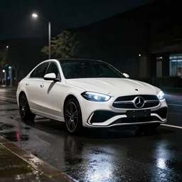 mercedes c class standing on street on night direction into camera, white color, black wheels, white led spotlight, rainy day, ultra realistic, wallpaper,