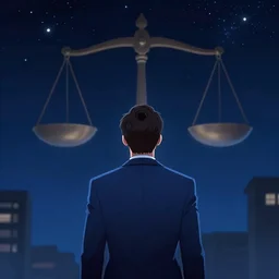 cinematic view from behind a dead by daylight killer wearing a blue business suit looking up to the night sky, stars look like a scales of justice, character portrait, digital art