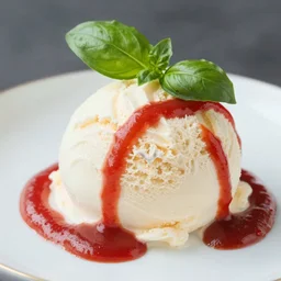 dslr food photograph of vanilla ice cream with ketchup on, a leaf of basil on the ice cream, french fries on the side, bokeh, 8 5 mm f 1. 4