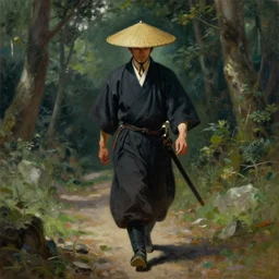 portrait of a samurai wearing a rice hat walking across a forest path, by jacques - louis david by mattias adolfsson, by moebius, trending on artstation, featured on pixiv, masterpiece, oil on canvas, cinematic composition, dynamic beautiful lighting,
