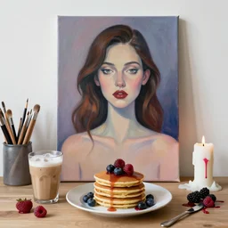 “ sensual, neo - expressionism, surrealism, a portrait in a female art student ’ s apartment, pancakes, iced latte, berries, art supplies, a candle dripping white wax, berry juice drips, acrylic and spray paint and oilstick on canvas ”