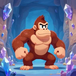 Donkey Kong in a beautiful mine, with crystals on the walls.