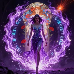 she walks between arcs of purple flame intertwined with glowing sparks, glinting particles of ice, dramatic lighting, steampunk, bright neon, secret holographic cyphers, red flowers, solar flares, intricate art by alphonse mucha and greg rutkowski and ruan jia
