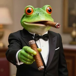 gentleman pepe frog in tuxedo with cigar in his mouth offering a cigar to the viewer, reposted on 4 chan / pol /
