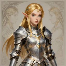 portrait of Princess Zelda in armor, D&D, fantasy, intricate, elegant, highly detailed, digital painting, artstation, concept art, smooth, sharp focus, illustration, art by artgerm and greg rutkowski and alphonse mucha