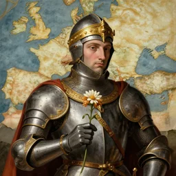 hyperdetailed matte illustration of a knight wearing an ornate gold headpiece and holding a flower with a map of the collective subconscious in the background by titian