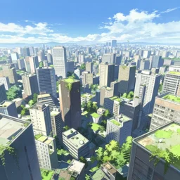 cityscape, makoto shinkai style, anime, pixiv fanbox, sunny, blue skies, post - apocalyptic, geometric, overgrown
