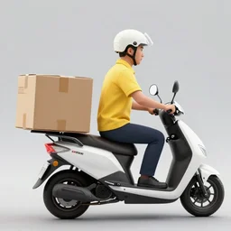 delivery driver on scooter delivering boxes, extremely high quality, hd, 4 k, 8 k, artistic, 4 0 mp, cartoo, top - rated, award winning, realistic, sharp, no blur, edited, corrected colour, white background, trending