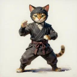 a oil / watercolor painting full body character portrait of an anthromorphic cat martial artist / ninja in the style of moebius in the style of leonard boyarsky trending on artstation deviantart pinterest detailed photorealistic highlights and shadow hd 8 k post - processing high resolution