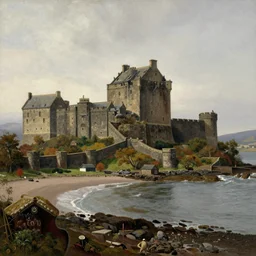 Scottish scenery, with a gigantic castle on a hilltop surrounded by defense walls, overlooking the ocean, painted by Rembrandt