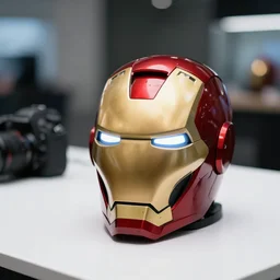 iron man helmet is sitting on the white table, clear focus, bokeh effect, high res, hasselblad, dslr, professional, cinematic