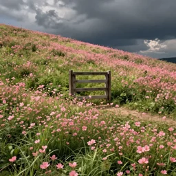a square shape gate in the middle of a hill full of endless grass and pink flowers, by caspar david friedrich