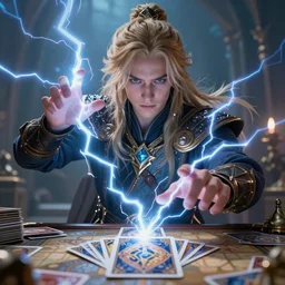a card game design of high fantasy young sorcerer casting a spell, face close up, official media, beautiful, rpg portrait, concept art, fantasy world, sharp, smooth, detailed, high quality, wallpaper 4 k, epic, trending on artstation and behance, dynamic lightning