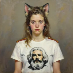 oil paining of twentytwo year old female character with cat ears wearing soviet era uniform, wearing a tshirt with a face of karl marx on it, in the style of krenz cushart