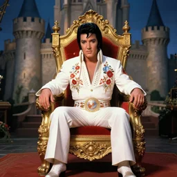 highly detailed, elvis sitting on his throne in his castle, atmospheric lighting, nice composition, art inspired by thomas kinkade, hyperrealistic