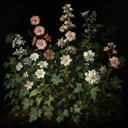 flowers and ivy in a garden at night, a flemish baroque painting by jan van kessel the younger, black background, intricate high detail masterpiece