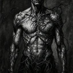 ! dream award - winning painting of a person infested with pitch black, tar - like, shadow roots with lots of tendrils on the skin, black veins, intricate detail, deep black roots, infestation, shadowy, lovecraftian, beksinksi, black and white, chiaroscuro, portrait painting