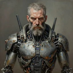 ultra realist intricate detailed painting of a single rugged cyborg male, bearded face and cyborg tech on body, symmetry accurate features, cyberpunk, industrial, apocalyptic, very intricate details, focus, high resolution, 4 k, artstyle h. r. giger and hiraku tanaka, award winning