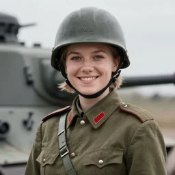 young female ww 2 tank commander, smiling, digital portrait by greg rutkowski, intricate, soft focus, highly detailed, cinematic, epic, artstation