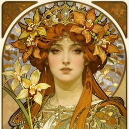realistic detailed face portrait of a beautiful young medieval queen of orchids by alphonse mucha, ayami kojima, amano, greg hildebrandt, and mark brooks, art nouveau, neo - gothic, gothic