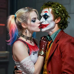 Margot Robbie as Harley Quinn kissing the joker, highly detailed, digital painting, artstation, concept art, smooth, sharp focus, illustration, art by yoji shinakawa