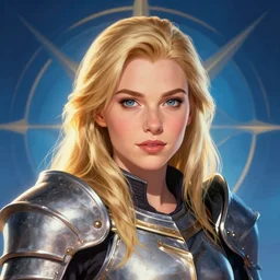 just one head, portrait, Imogen Poots D&D Paladin, blonde hair, stylized background, global illumination lighting, official fanart, trending on behance, trending on artstation by Jesper Ejsing, by RHADS and Makoto Shinkai and Lois van baarle and ilya kuvshinov and rossdraws